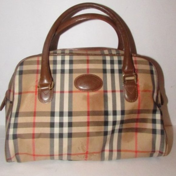 Burberry Vintage Camel Leather Nova Check Plaid Fabric Satchel - Picture 1 of 8